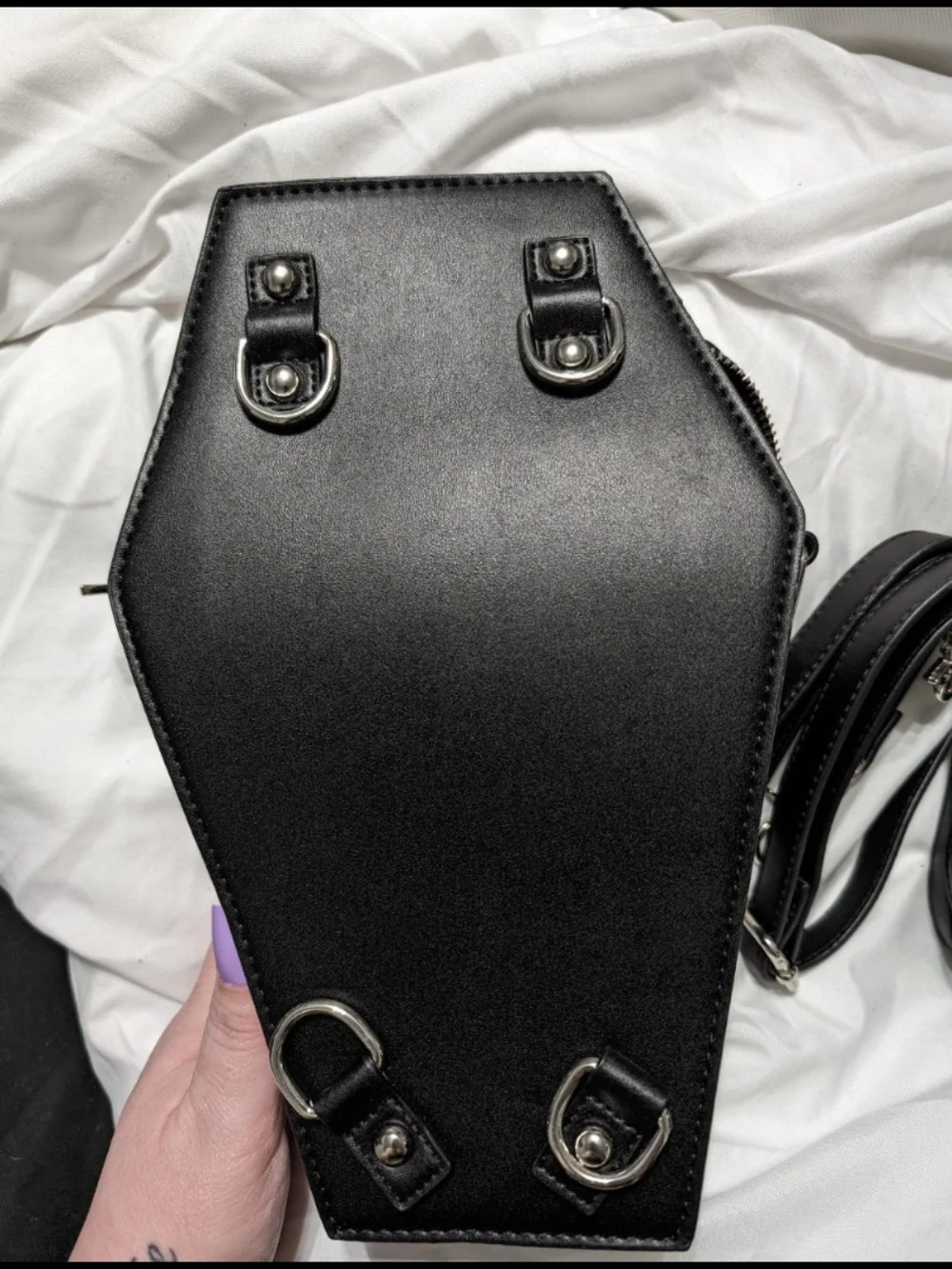 Dolls Kill Black Quilted Coffin Crossbody Bag with Studs